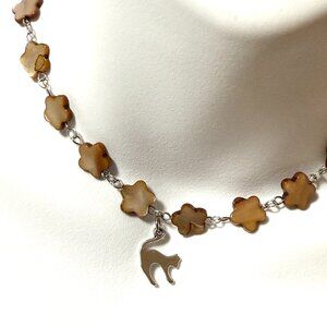Caramel Mother of Pearl Flower Beaded Short Necklace + Cute Slim Cat Pendant